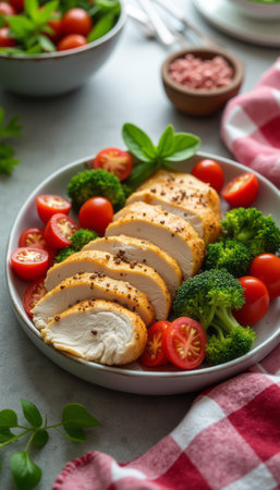 A beautifully arranged plate features tender slices of chicken breast, complemented by juicy cherry tomatoes and bright green broccoli. This appetizing dish not only looks inviting but also promises a healthy and flavorful meal, perfect for any dining occasion.の素材