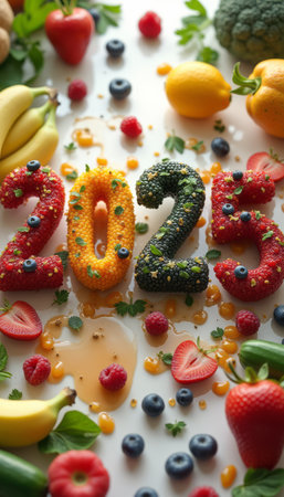 A vibrant arrangement of fresh fruits and vegetables creatively shapes the numbers 2025, surrounded by a delightful medley of strawberries, blueberries, and broccoli. This eye-catching display celebrates health and vitality, inviting viewers to embrace a fresh start in the new year.の素材