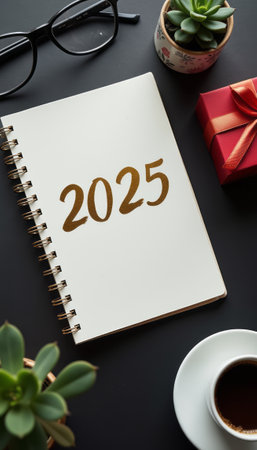 A stylish flat lay captures a notebook marked with 2025, surrounded by a cozy cup of coffee, vibrant succulents, and a beautifully wrapped gift. This inviting scene embodies the excitement of new beginnings and the joy of planning for the year ahead.の素材