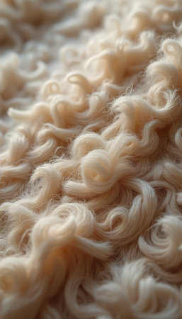 An intricate close-up of soft, fluffy curls in a warm cream hue creates a cozy and inviting atmosphere. The texture invites touch, evoking feelings of comfort and warmth, perfect for home decor or fashion.の素材