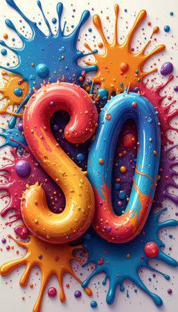 A vibrant explosion of paint splashes surrounds the playful letters SO, crafted in a glossy, three-dimensional style. This lively composition bursts with energy and creativity, inviting viewers to embrace joy and artistic expression.の素材