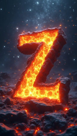A striking letter Z, crafted from molten lava, radiates a fiery glow against a starry cosmic background. This captivating image combines the raw power of nature with the allure of the universe, creating a mesmerizing focal point that ignites the imagination.の素材