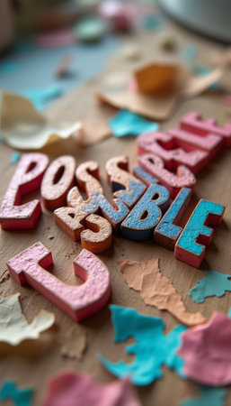 A vibrant arrangement of colorful letters spelling POSSIBLE rests on a textured surface adorned with pastel-colored paper scraps. This uplifting scene radiates creativity and positivity, inviting viewers to embrace the limitless possibilities that life offers.の素材