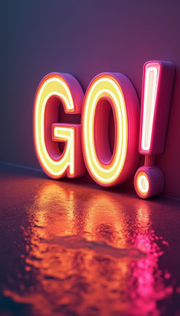 A striking neon sign boldly proclaims GO in bright, glowing letters, casting colorful reflections on a wet surface. The energetic vibe of this image inspires action and motivation, making it perfect for themes of progress and enthusiasm.の素材