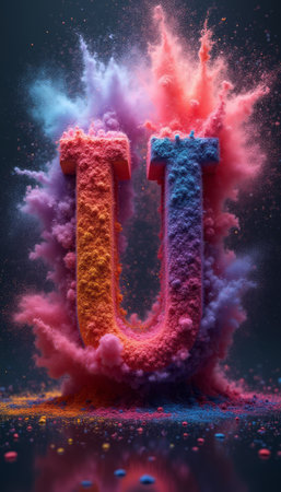 A vibrant explosion of colored powder bursts around the bold letter U, creating a stunning visual spectacle. This captivating image radiates energy and creativity, showcasing a playful blend of colors that evoke feelings of joy and excitement.の素材