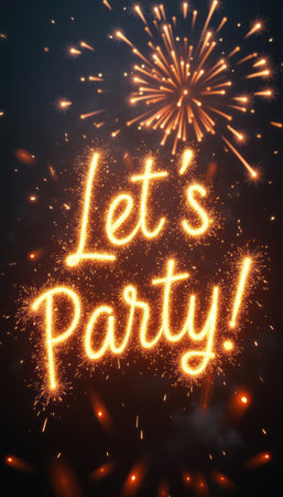 The image features the cheerful phrase Lets Party crafted from sparkling light, set against a dark backdrop illuminated by dazzling fireworks. This festive scene radiates excitement and joy, perfect for celebrations and gatherings, inviting everyone to join in the fun.の素材