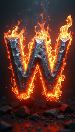 A striking letter W emerges from a backdrop of glowing flames, creating a dramatic and intense visual. The fiery effect, combined with the textured surface of the letter, evokes a sense of power and energy, perfect for capturing attention in any design.の素材