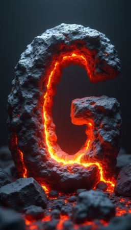 A striking letter G, crafted from textured rock, glows with fiery lava emanating from within, set against a dark, moody backdrop. This captivating image evokes a sense of power and intensity, symbolizing strength and creativity in a volcanic landscape.の素材