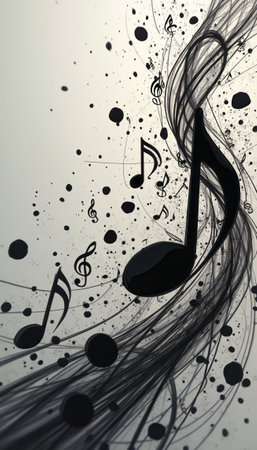 An artistic representation of musical notes flows gracefully through a backdrop of swirling lines and scattered dots, creating a sense of rhythm and movement. This captivating image embodies the essence of music, inviting viewers to feel the harmony and creativity that sound brings to life.の素材