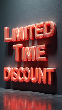 A striking neon sign glows with the words Limited Time Discount, radiating excitement and urgency. The bright red letters stand out against a dark background, creating a captivating visual that draws attention to special offers and promotions.の素材