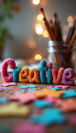 The word Creative is crafted from vibrant, textured letters, standing out against a backdrop of colorful star-shaped confetti. This lively scene, illuminated by soft bokeh lights, evokes a sense of inspiration and artistic expression, inviting viewers to unleash their imagination.の素材