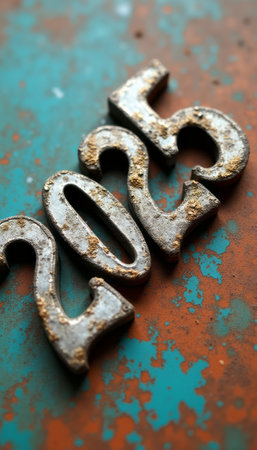 The image features the metallic numbers 2025, aged and weathered, resting on a vibrant turquoise surface with rust accents. This striking contrast evokes a sense of nostalgia and anticipation, symbolizing the passage of time and the promise of new beginnings.の素材