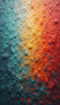 An abstract image showcases a stunning gradient of colors transitioning from deep teal to fiery orange and red, with a textured surface that adds depth and intrigue. The interplay of hues creates a dynamic visual experience, evoking feelings of warmth and energy, perfect for artistic projects or modern decor.の素材
