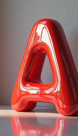A striking red sculpture of the letter A stands elegantly against a minimalist background, capturing the light beautifully. The glossy finish and unique design create a modern aesthetic, making it a perfect centerpiece for contemporary decor.の素材
