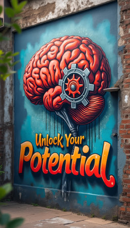This striking mural features a vividly colored brain adorned with a gear, symbolizing creativity and innovation. The bold message Unlock Your Potential invites onlookers to embrace their capabilities, set against a backdrop of urban textures that enhance its motivational vibe.の素材