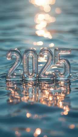 The transparent numbers 2025 float gracefully on the shimmering surface of water, capturing the essence of new beginnings. The soft, glimmering reflections create a magical atmosphere, symbolizing hope and the promise of a bright future.の素材