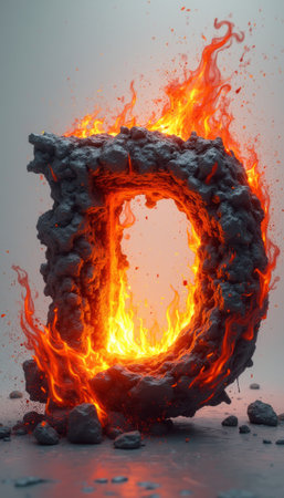 A striking 3D representation of the letter D emerges from a rocky texture, ablaze with vibrant flames. This dynamic image captures the essence of energy and transformation, symbolizing passion and creativity in a visually stunning way.の素材