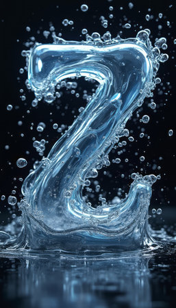 A stunning representation of the letter Z crafted from crystal-clear water, surrounded by vibrant splashes and bubbles against a dark backdrop. This captivating image embodies fluidity and creativity, evoking a sense of motion and energy that draws the viewer in.の素材