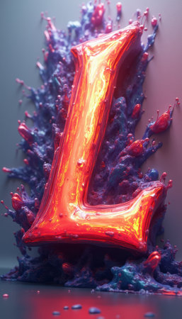A striking 3D representation of the letter L emerges from a colorful, fluid-like background, creating a sense of movement and energy. The glossy finish and vivid hues of red and purple evoke a playful yet modern aesthetic, perfect for creative projects and branding.の素材