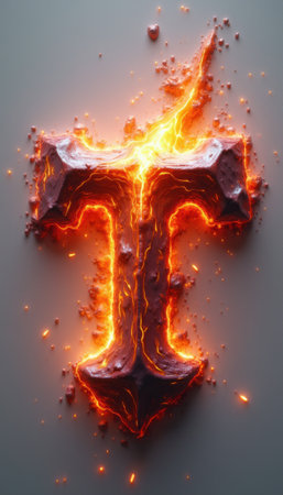 The striking letter T radiates with fiery orange and red hues, resembling molten lava against a smooth gray background. This dynamic design captures the essence of energy and power, making it perfect for branding or creative projects that demand attention and intensity.の素材