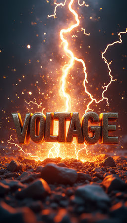 The bold word VOLTAGE stands out dramatically against a backdrop of intense lightning and rocky terrain. This powerful image captures the essence of energy and excitement, evoking feelings of dynamism and raw power.の素材
