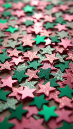 A vibrant array of pink, green, and silver star-shaped confetti fills the frame, radiating a festive spirit. This dazzling scene captures the essence of celebration, perfect for parties, holidays, or any joyful occasion.の素材