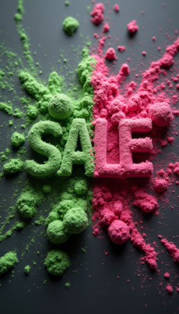 The bold word SALE stands out in striking pink and green powder, creating a dynamic visual impact. This eye-catching composition is perfect for promotions, evoking excitement and urgency in shoppers.の素材