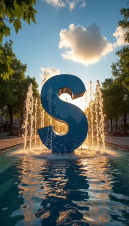 A striking blue letter S stands majestically in the center of a shimmering fountain, illuminated by the golden glow of the setting sun. The scene captures a perfect blend of art and nature, with water cascading around the letter, creating a mesmerizing display that invites admiration and reflection.の素材
