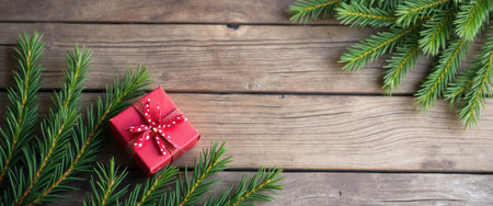 A charming red gift box, beautifully wrapped with a playful polka dot ribbon, rests on a rustic wooden surface. Surrounded by lush evergreen branches, this image captures the essence of holiday cheer and the warmth of seasonal celebrations.の素材