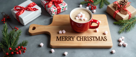 A cozy red mug filled with creamy hot cocoa topped with fluffy marshmallows sits on a beautifully engraved wooden board that reads MERRY CHRISTMAS. Surrounded by festive decorations, including wrapped gifts and pine branches, this image radiates warmth and holiday cheer, inviting viewers to indulge in the spirit of Christmas.の素材