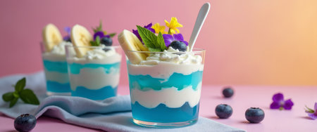 A stunning dessert showcases layers of vibrant blue jelly, fluffy whipped cream, and fresh banana slices, garnished with edible flowers. This visually appealing treat is perfect for celebrations, evoking a sense of joy and indulgence with its colorful presentation and delightful flavors.の素材