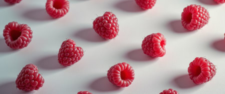 A stunning arrangement of fresh, plump raspberries creates a delightful visual feast, showcasing their rich red hues and intricate textures. This image captures the essence of summers sweetness, inviting viewers to indulge in the juicy, refreshing flavor of these beloved berries.の素材