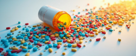 A vibrant array of pills in blue, red, and yellow spills from an overturned prescription bottle, creating a striking visual on a softly lit surface. This captivating scene highlights the contrast between the bright colors of the medication and the serene background, evoking feelings of curiosity and caution regarding health and wellness.の素材