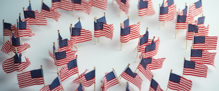 A captivating arrangement of numerous miniature American flags forms a dynamic circular pattern, symbolizing unity and patriotism. The vivid red, white, and blue colors dance in the light, evoking feelings of pride and celebration, perfect for events honoring national spirit.の素材
