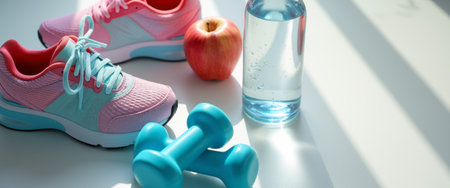 A vibrant pair of pink athletic shoes, a fresh red apple, a bottle of water, and a light blue dumbbell are arranged on a bright surface, symbolizing a commitment to health and fitness. This lively composition inspires motivation and wellness, showcasing the perfect blend of nutrition and exercise essentials for an active lifestyle.の素材