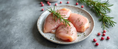 Three succulent chicken breasts rest elegantly on a speckled plate, adorned with fresh rosemary and scattered pink peppercorns. This appetizing arrangement evokes a sense of culinary creativity, perfect for inspiring delicious home-cooked meals.の素材