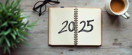 An open notebook lies on a rustic wooden table, boldly featuring the year 2025 in artistic lettering. Accompanied by a steaming coffee cup and stylish glasses, this scene evokes a sense of anticipation and reflection as the new year approaches.の素材