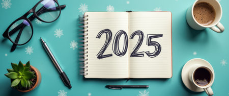 An inviting scene features an open notebook displaying the year 2025, surrounded by a cozy setup of coffee, glasses, and a small plant. This image captures the essence of new beginnings and thoughtful planning, perfect for inspiring resolutions and fresh starts.の素材