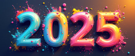 The bold numbers 2025 burst with life, adorned in a spectrum of vibrant colors and playful splashes of paint. This dynamic image captures the excitement and energy of the New Year, inviting viewers to celebrate fresh beginnings and endless possibilities.の素材