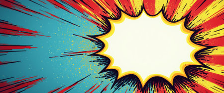 An explosive comic book-style graphic features bold red and yellow rays radiating from a central blank space, perfect for adding text. This eye-catching design captures the essence of action and excitement, making it ideal for creative projects that demand attention and energy.の素材