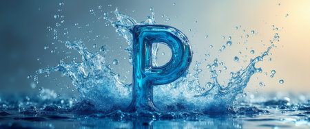 A striking image captures the letter P emerging from a vibrant splash of water, creating a mesmerizing visual effect. The interplay of light and water droplets adds a sense of energy and fluidity, making it perfect for branding or creative projects.の素材