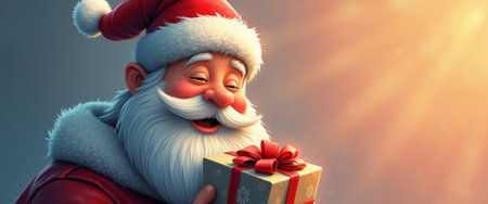 A cheerful Santa Claus with a fluffy white beard and bright red suit beams with joy as he cradles a beautifully wrapped gift adorned with a festive bow. The warm glow of sunlight enhances the magical atmosphere, evoking feelings of happiness and holiday spirit.の素材