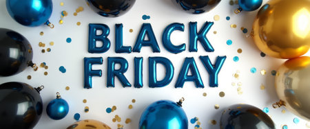 A vibrant arrangement featuring shiny black, blue, and gold balloons encircles bold BLACK FRIDAY lettering, creating an exciting atmosphere. This lively scene captures the essence of shopping excitement and holiday cheer, perfect for promotional materials.の素材