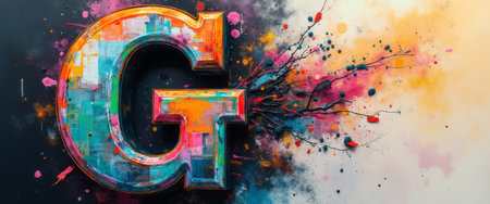 A striking letter G bursts forth from a vibrant explosion of colors, creating a captivating visual impact. The interplay of vivid hues and abstract splashes evokes a sense of creativity and energy, making it perfect for artistic projects or branding.の素材