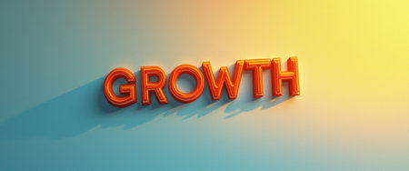 The image features the word GROWTH in striking 3D letters, illuminated by a warm gradient transitioning from yellow to blue. This visually captivating design symbolizes progress and development, evoking feelings of optimism and potential.の素材