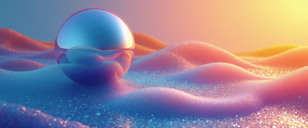 A stunning reflective sphere sits gracefully atop soft, undulating waves, bathed in a warm, ethereal glow. The vibrant colors blend seamlessly, creating a dreamlike atmosphere that invites viewers to explore the depths of imagination and creativity.の素材