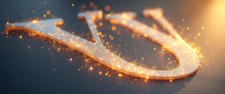 A stunning close-up of a golden letter U adorned with sparkling particles creates a magical and festive atmosphere. The warm glow and twinkling lights evoke feelings of celebration and joy, perfect for marking special occasions.の素材