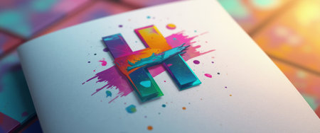 A striking letter H stands out against a soft, textured background, adorned with vibrant splashes of color that evoke creativity and energy. This artistic representation captures the essence of modern design, making it perfect for branding or creative projects.の素材