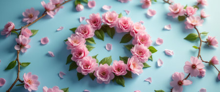 A stunning arrangement of soft pink flowers forms a beautiful wreath, elegantly placed on a serene blue background. Surrounding the wreath, scattered petals and green leaves create a tranquil and romantic atmosphere, inviting feelings of peace and renewal.の素材