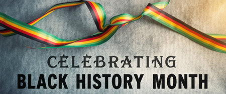 A striking image featuring bold text proclaiming Celebrating Black History Month, accompanied by colorful ribbons in red, green, and yellow. This visually captivating design embodies the spirit of unity and recognition, inviting viewers to honor and reflect on the rich heritage and contributions of the Black community.の素材